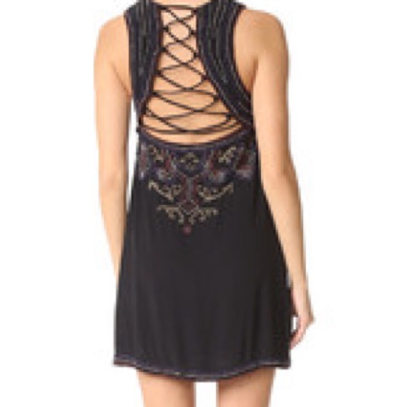 Free People Mandala Georgette Shift Mini Dress Beaded Tie Back Size 2 Black - Picture 4 of 8